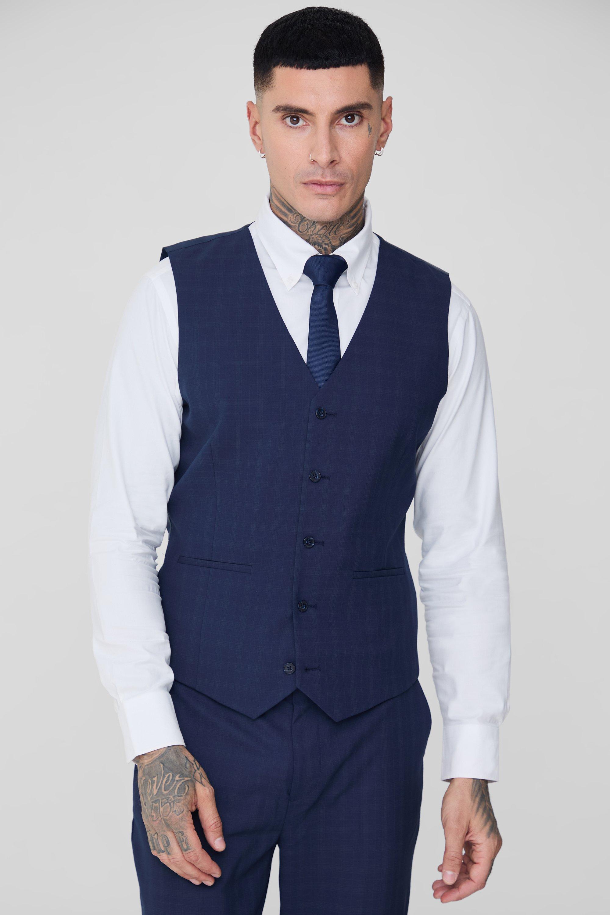 Mens Tall Dark Blue Check Waistcoat, Blue